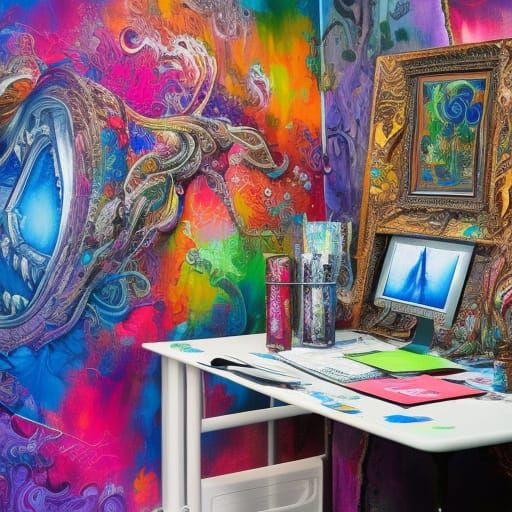 Detailed Work Desk and Computer in Graffiti Art Style