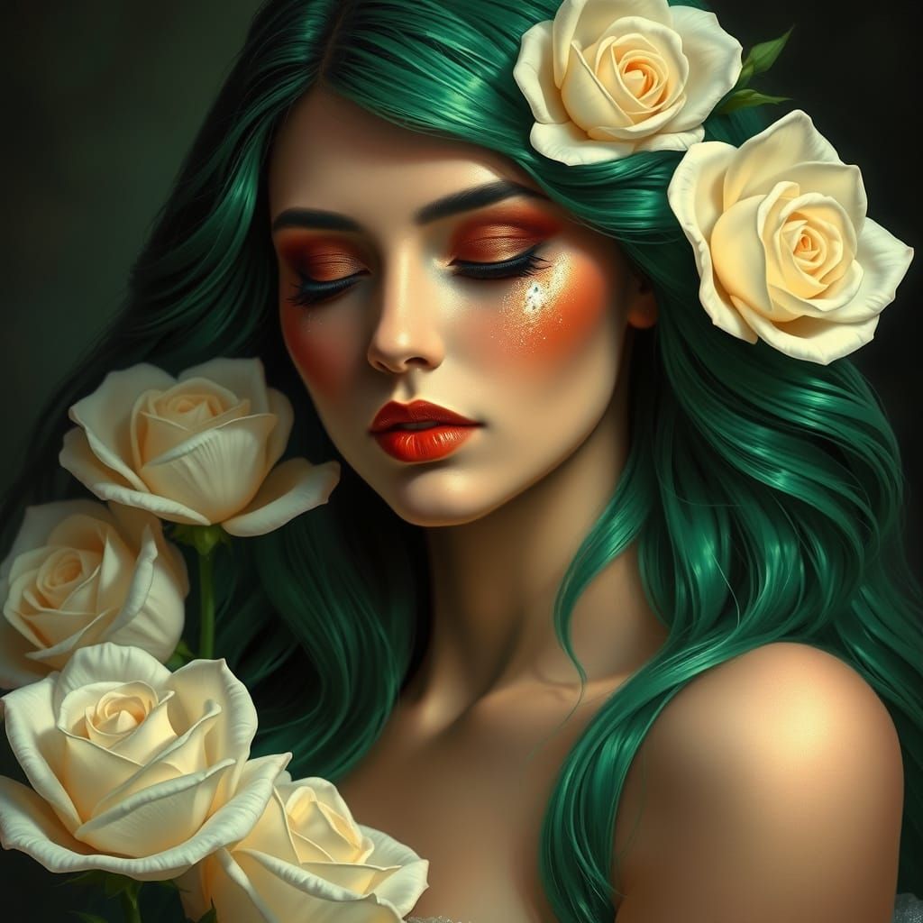 Woman with Emerald Hair and Roses, Art Deco Style