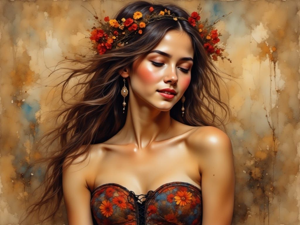 Young Woman Portrait in Grungy Oil Painting Style