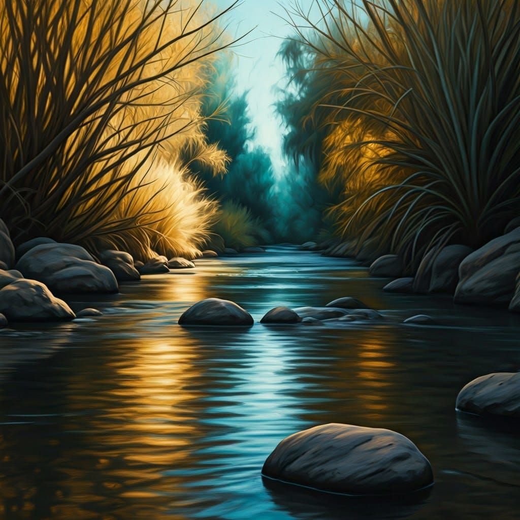 Detailed Charcoal Sketch of Banias Stream in Surrealist Styl...