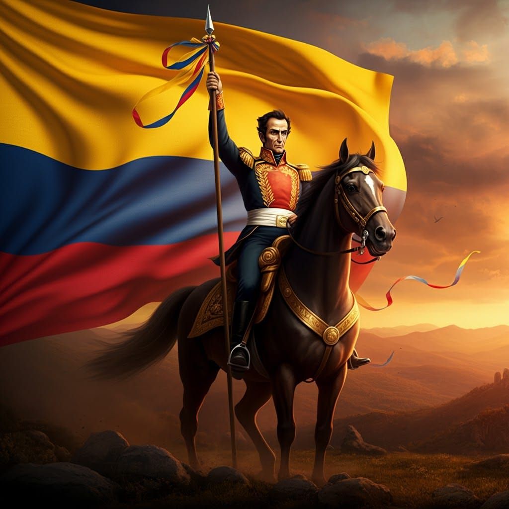 Simon Bolivar on Horseback with Colombian Flag