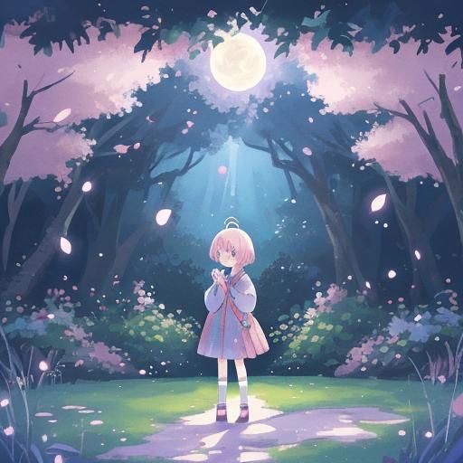 Mysterious Girl in Moonlit Anime Garden