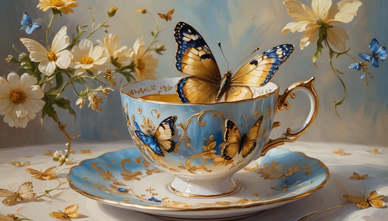 Butterfly on Teacup in Impressionist Oil Painting