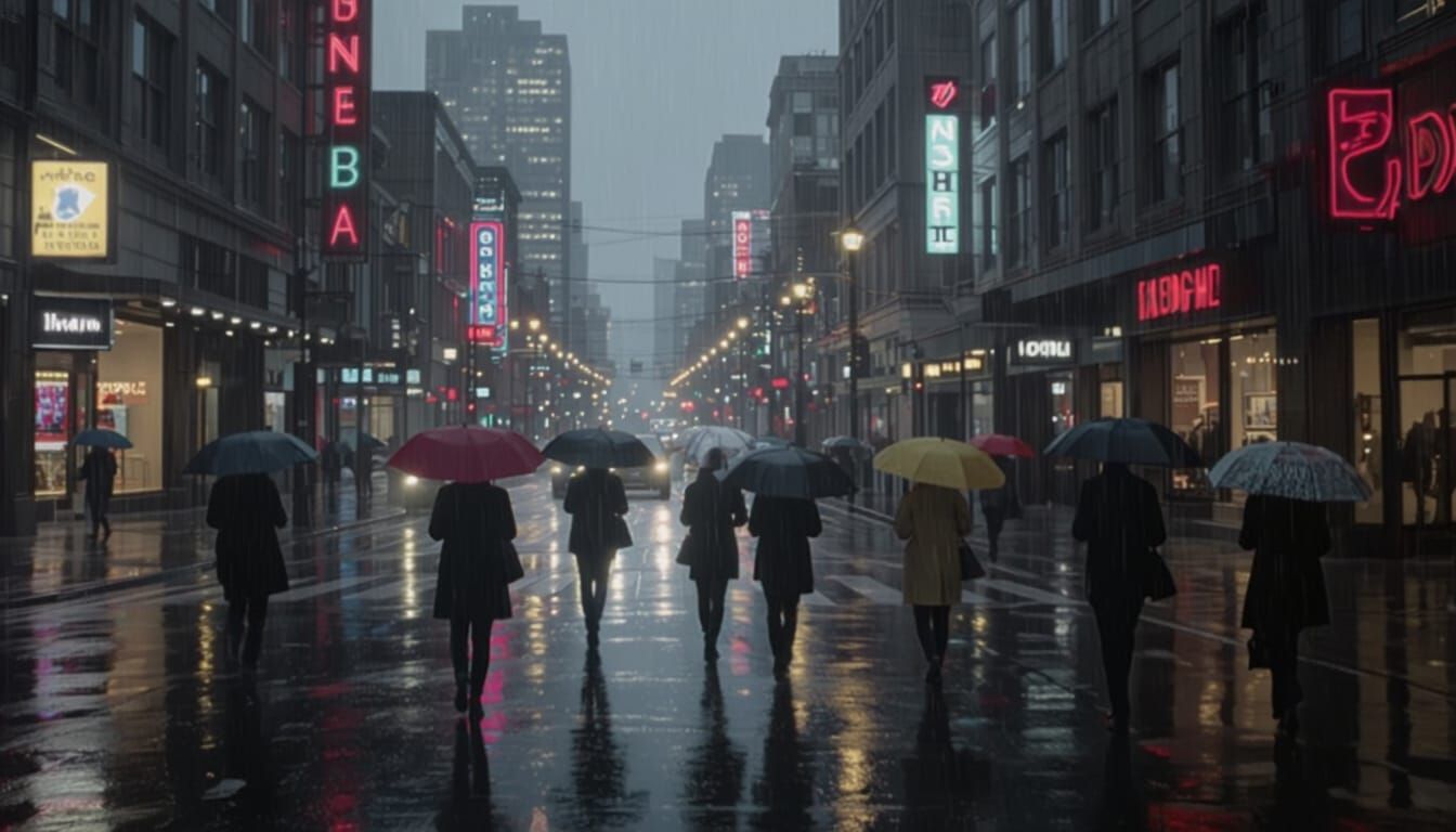 Moody Seattle Rain Streets in Neo-Noir Style