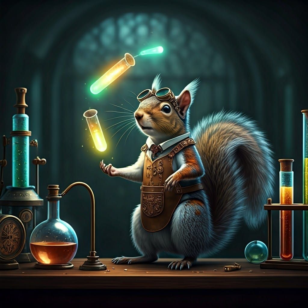 Steampunk Squirrel Juggles Glowing Test Tubes