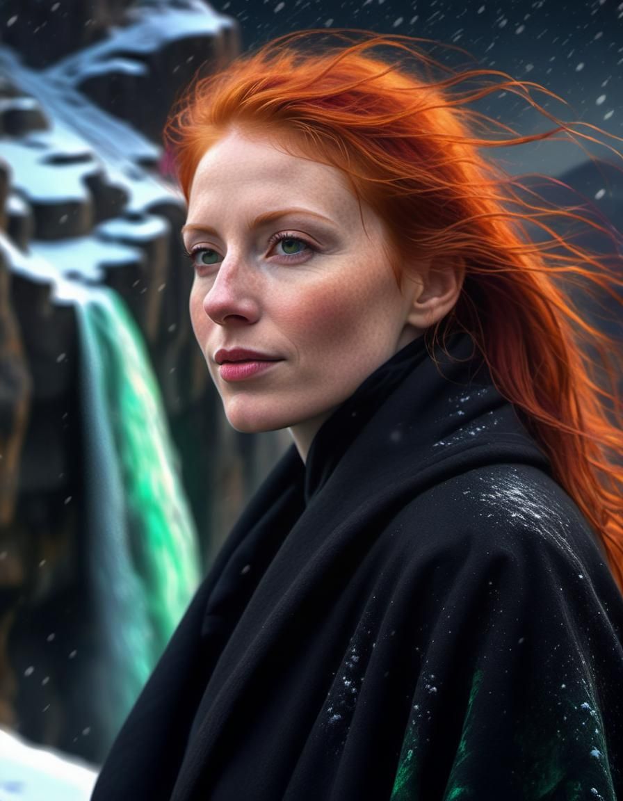 Chiaroscuro Oil Painting of Redhead in Winter Landscape
