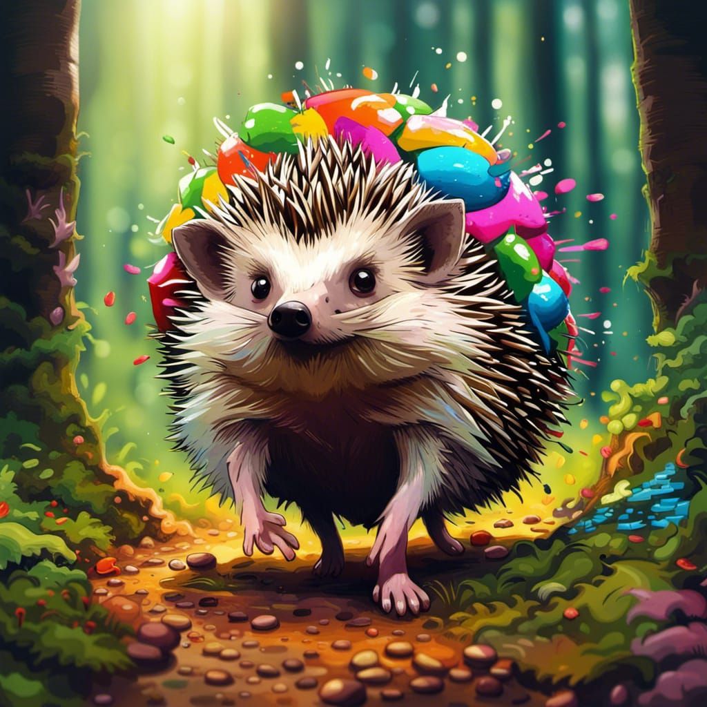 Hedgehog Trader in Forest, Graffiti Art Style