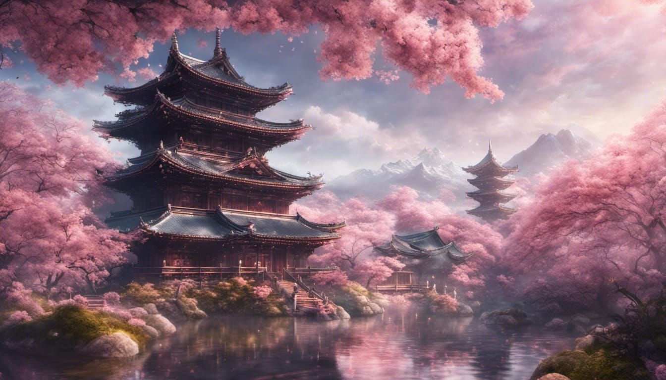 Sakura Goddess Temple in Fantasy Landscape