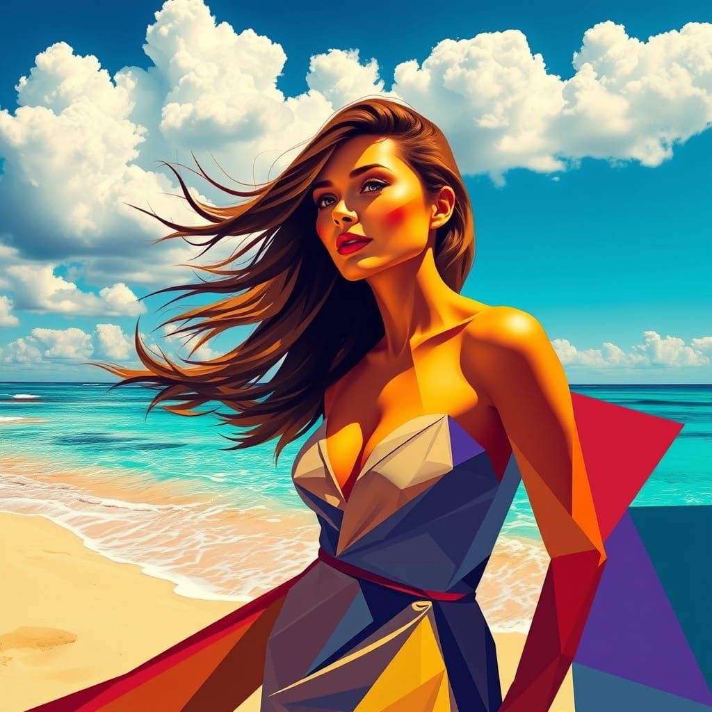 Elegant Woman in Geometric Cubist Beach Scene