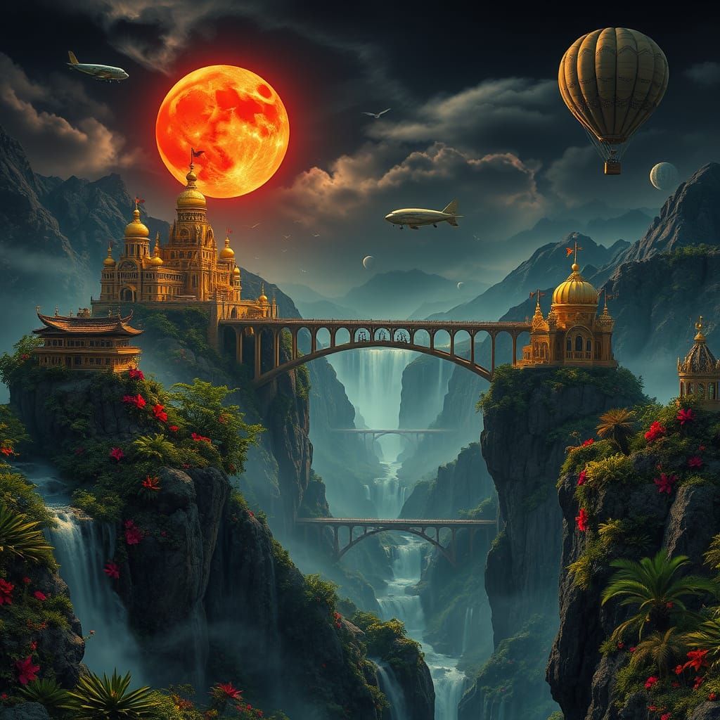 Golden Mountain Palaces Under a Jeweled Moon