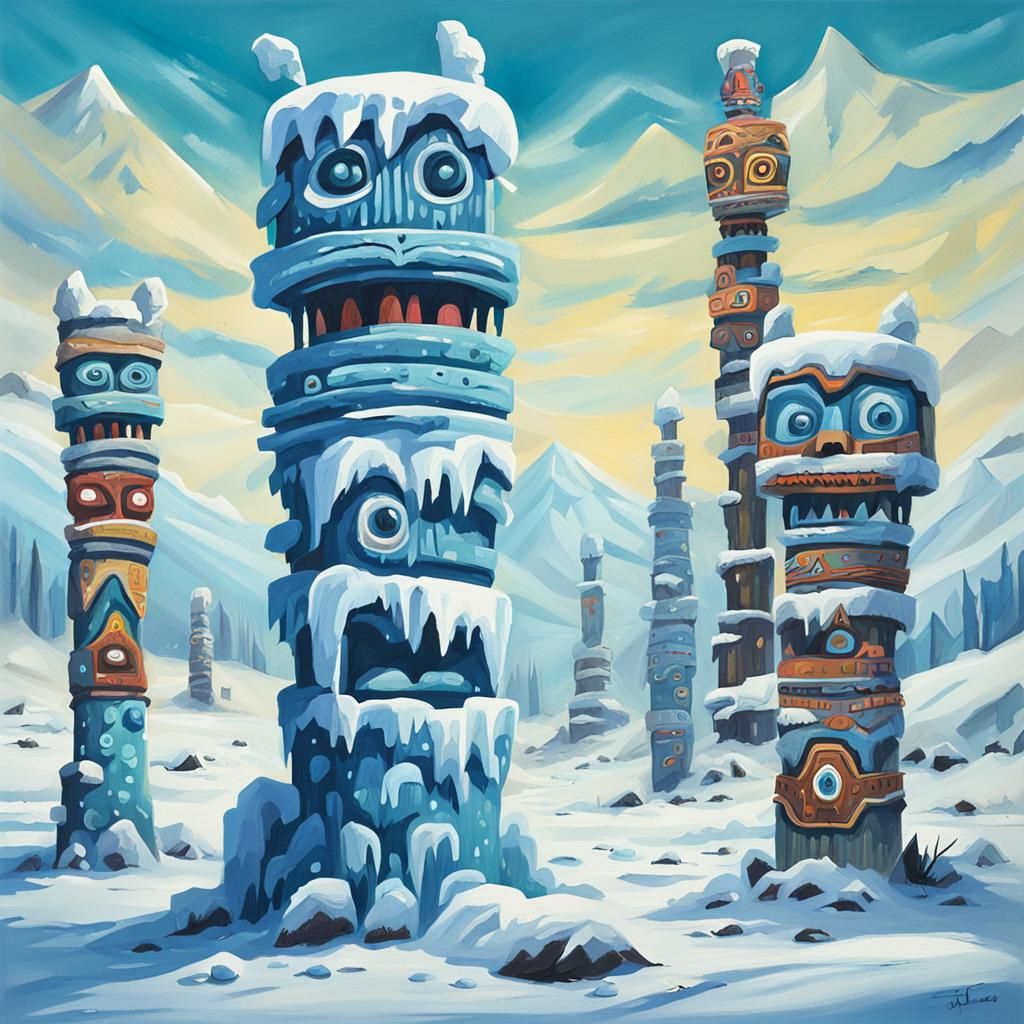 Snow Monster Totem Poles in Gouache Painting