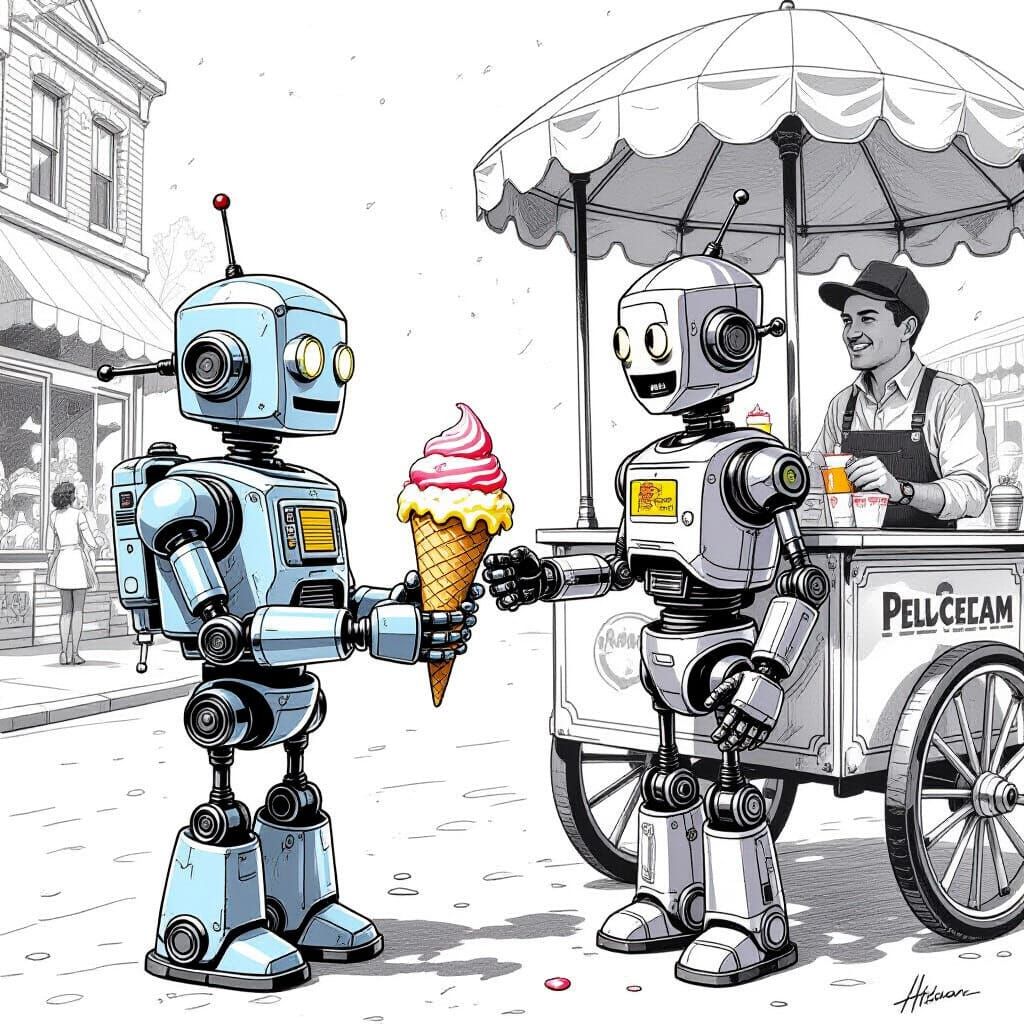 Robots Enjoying Ice Cream: Schematic Pencil Drawing
