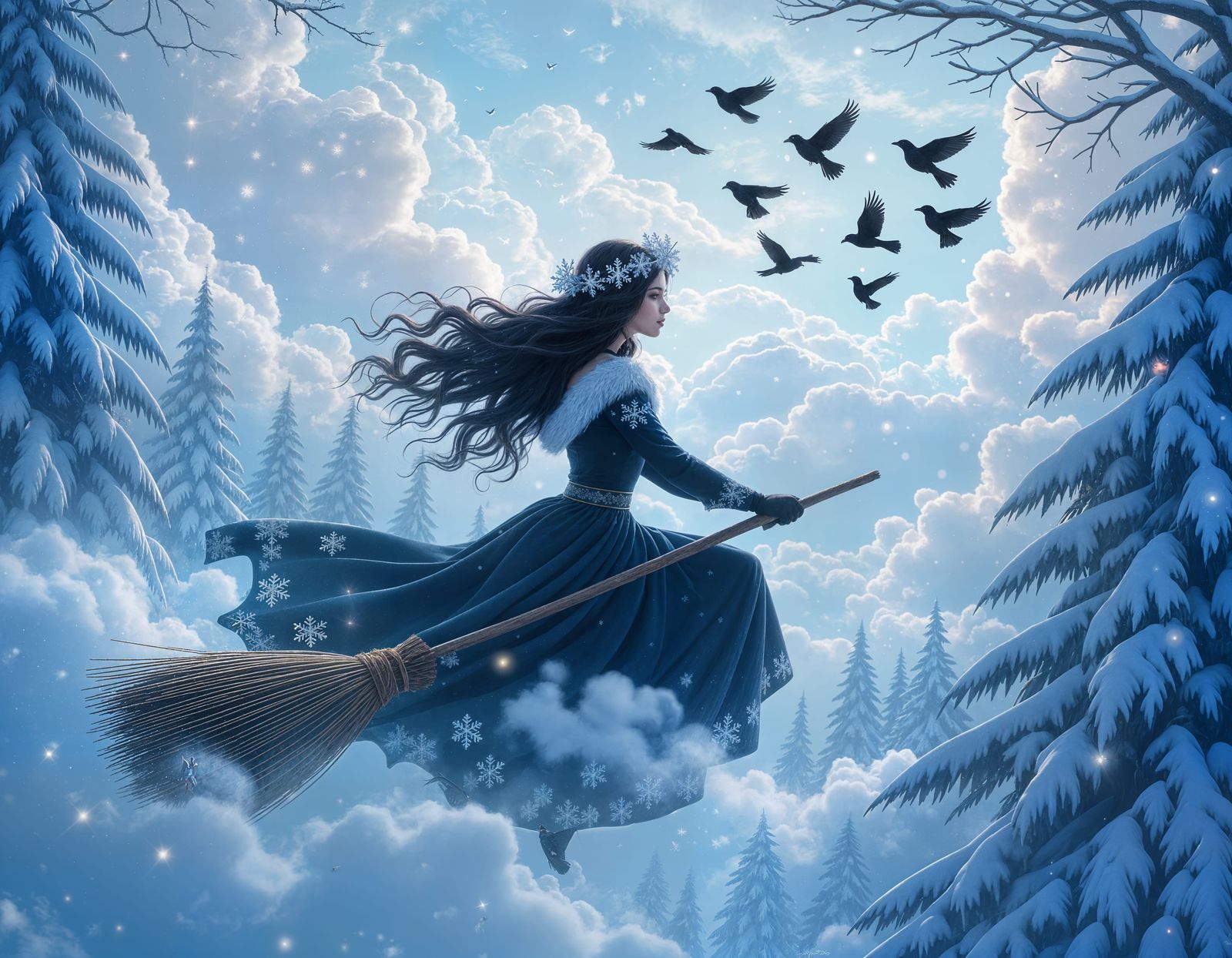 Witch Flying Over Magical Forest in Winter Fantasy Art