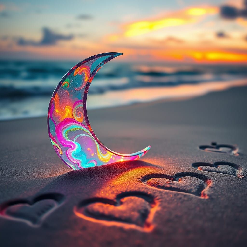 Ethereal Beach Scene with Glowing Glass Half-Moon and Mystic...