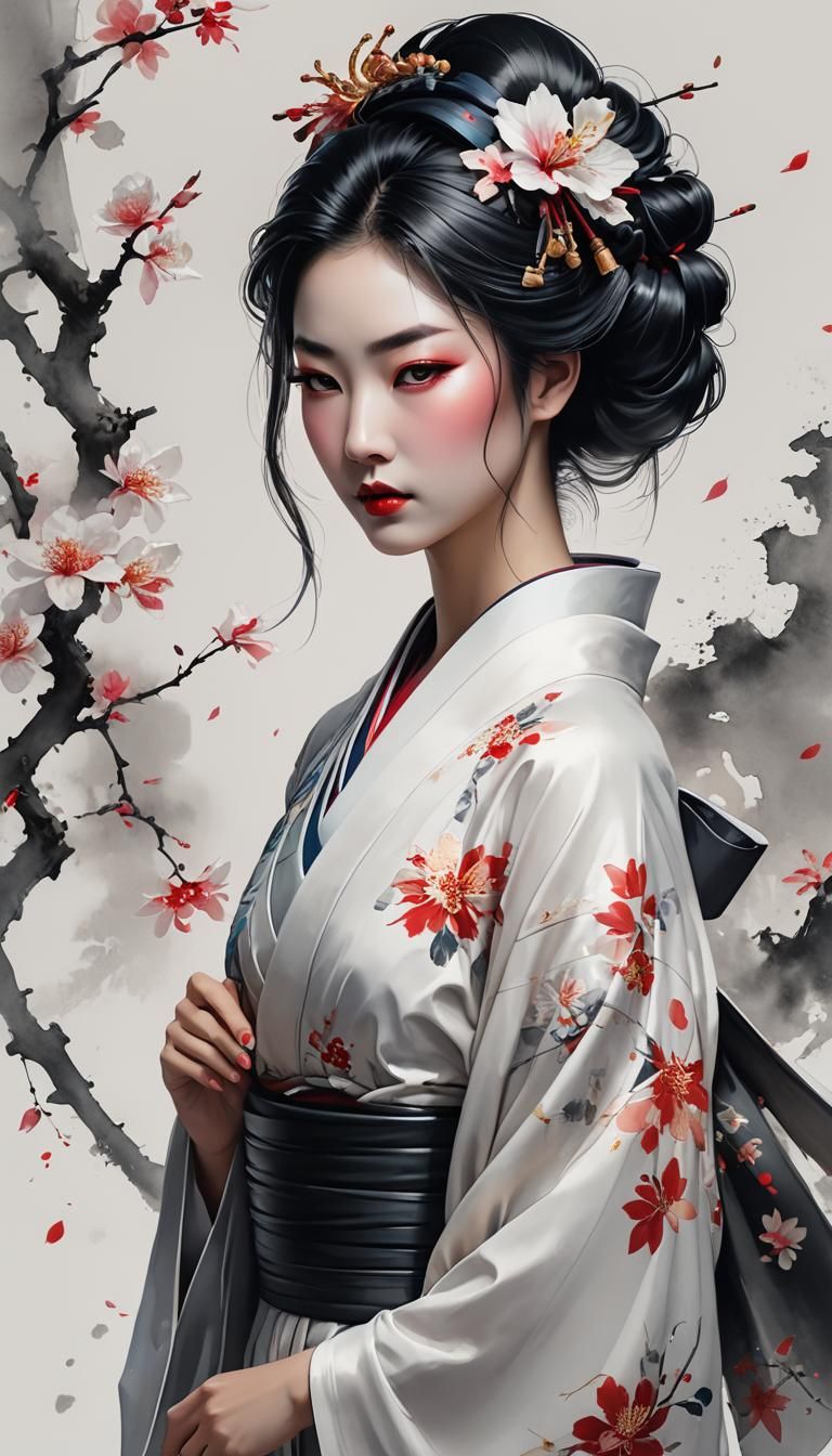 Elegant Geisha Portrait in Chinese Ink Style