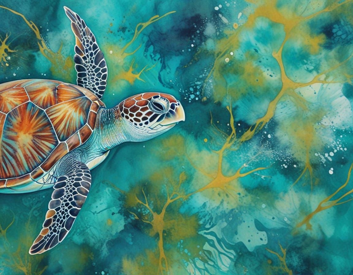 Vibrant Sea Turtle in Turquoise Watercolour Art