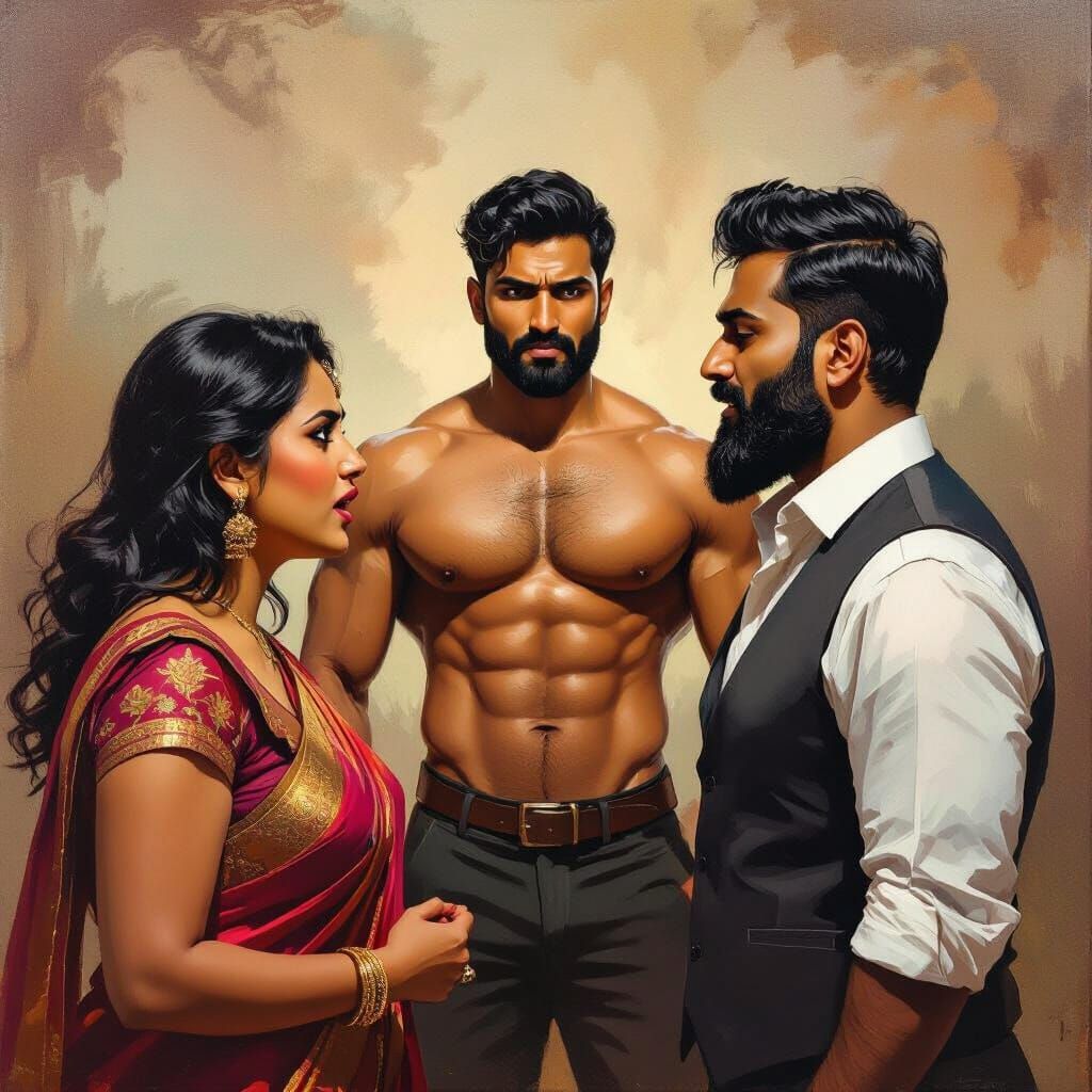 South Asian Figures in Dramatic Oil Painting