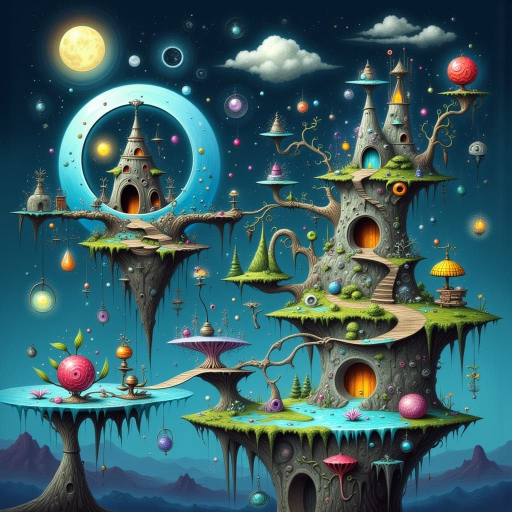 Dreamlike Floating Islands with Moonlight Bridges