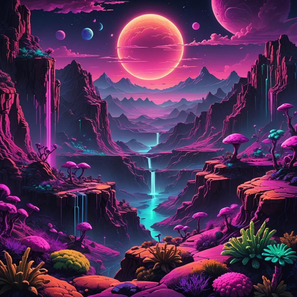 Synthwave Neon Alien Landscape with Two Suns