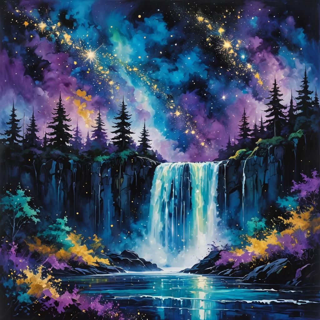 Cosmic Waterfall in Abstract Expressionist Style