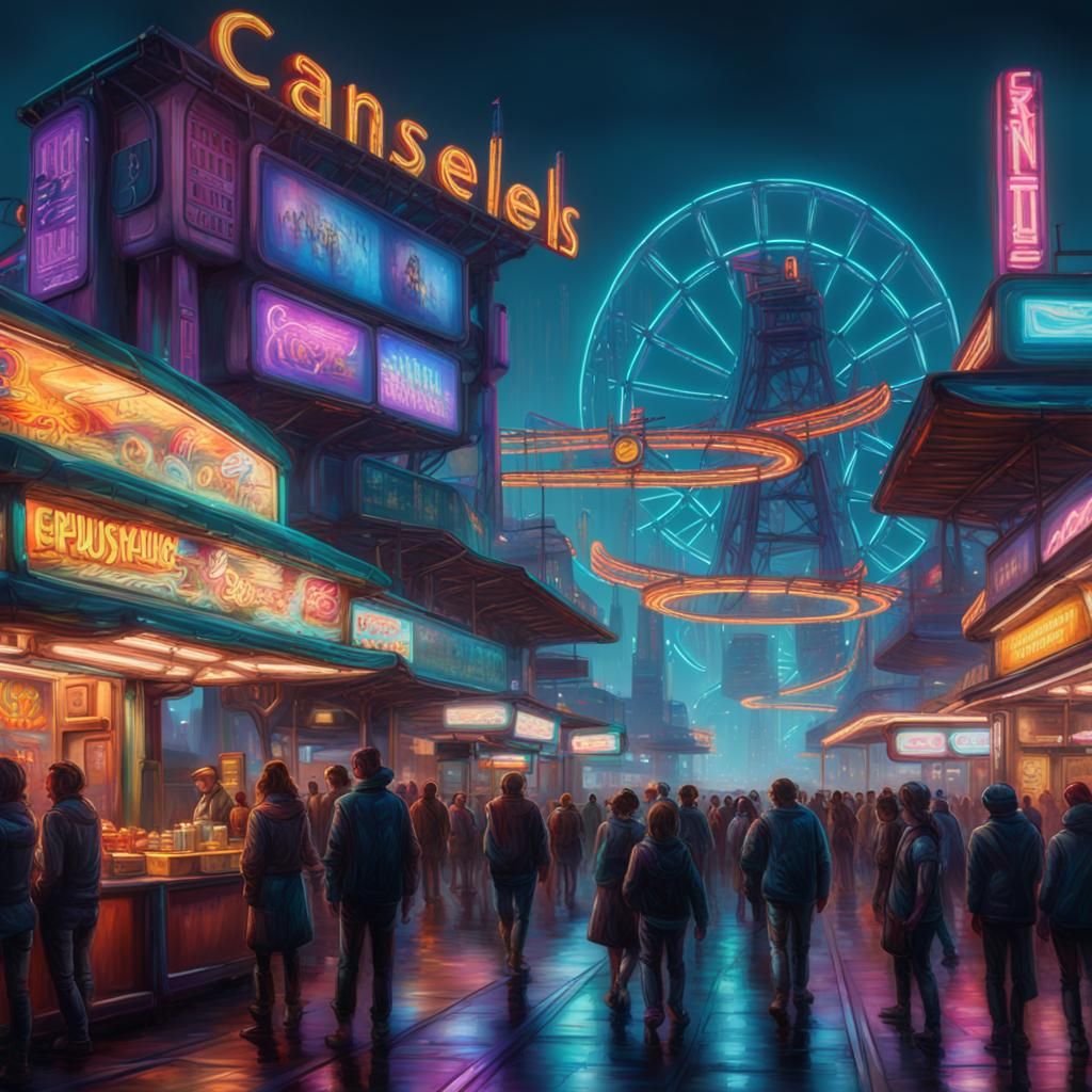 Cyberpunk Theme Park at Night in Expressionist Style
