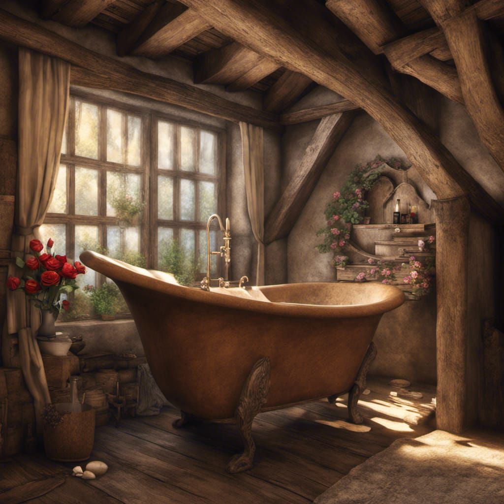 Medieval Cottage Bathroom with Wood Bathtub