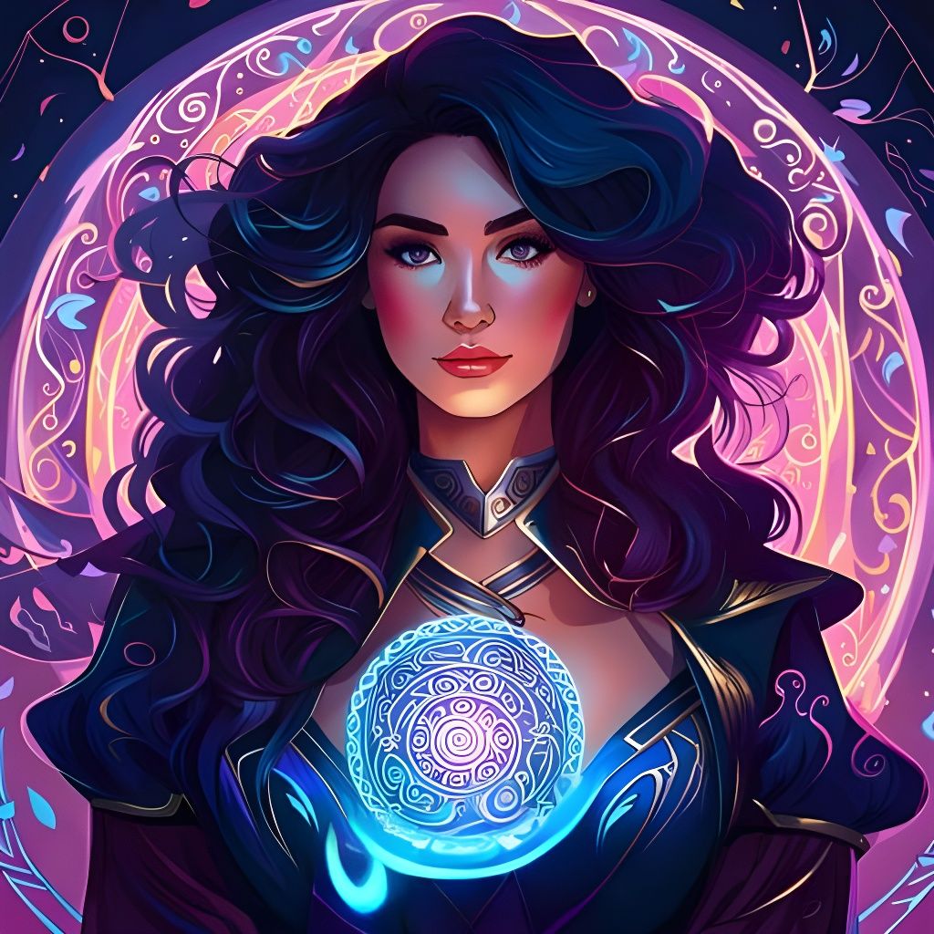 Woman Conjuring Runic Magic in Synthwave Style