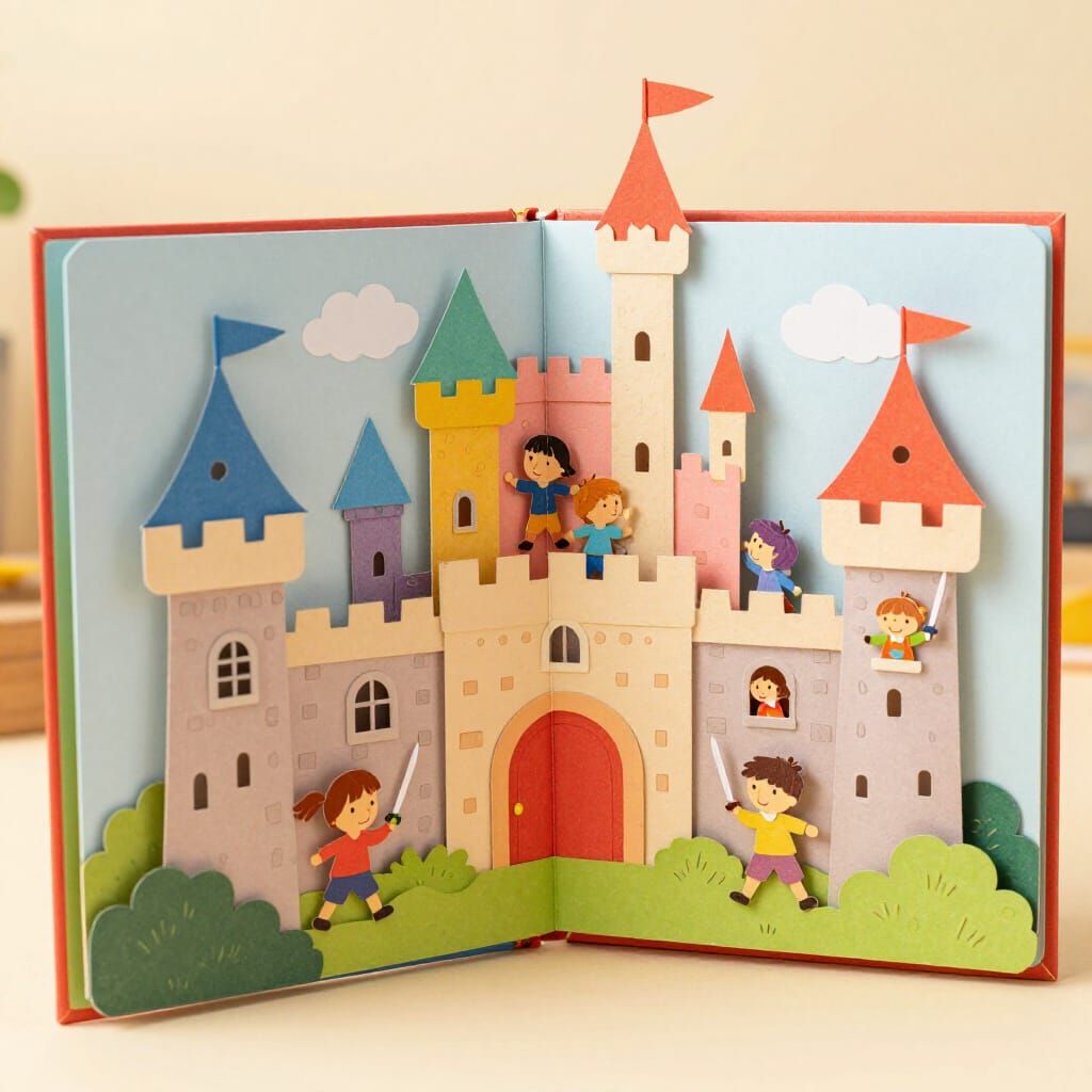 A popup book of children playing in a castle