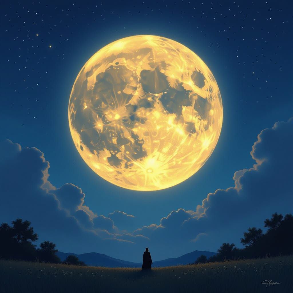 Colossal Harvest Moon Illuminates Night Sky in Fantasy Art S...