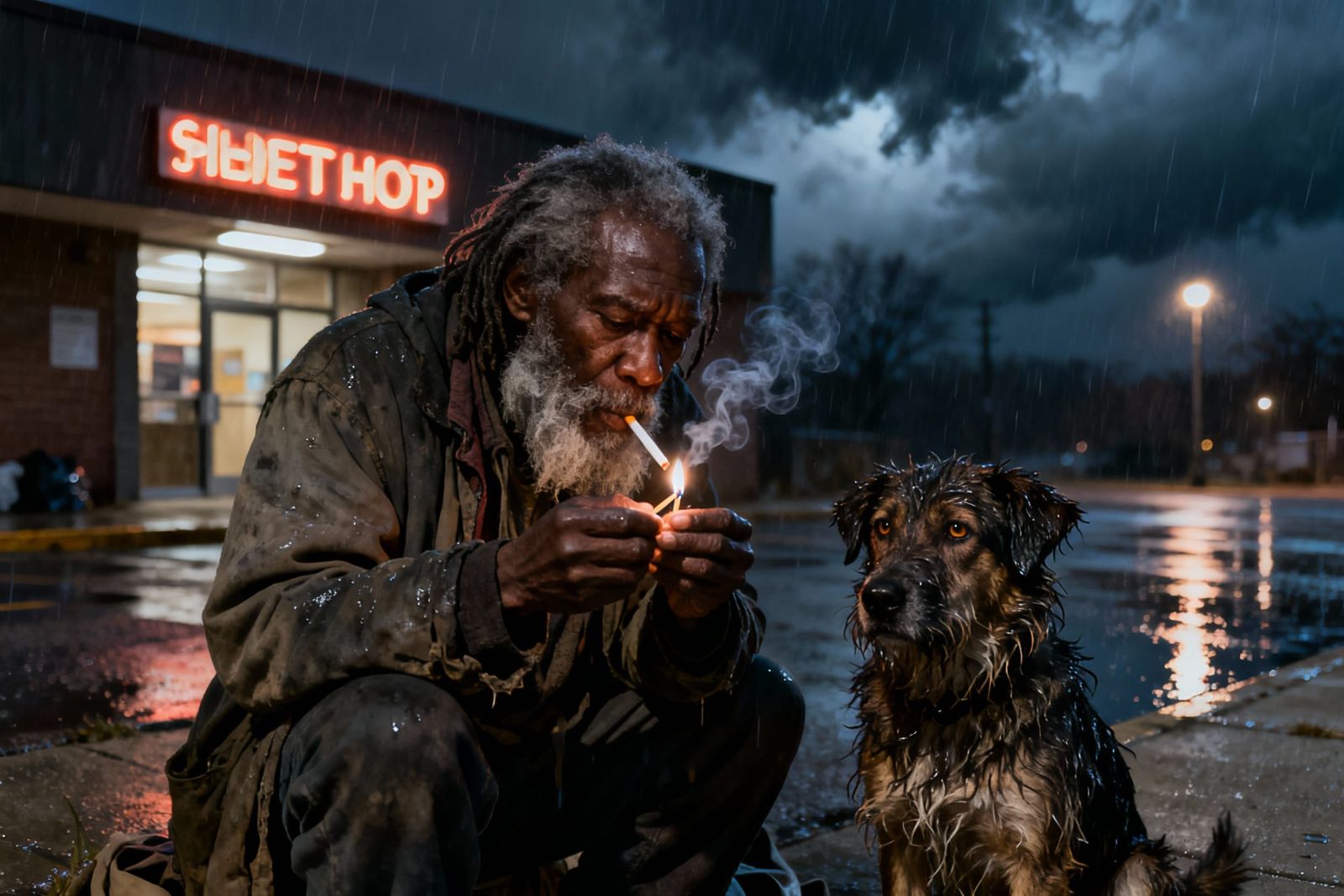 Old Man Lighting Cigarette Outside Homeless Shelter in Cold