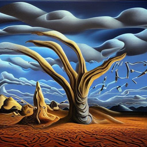 Surreal Desertscape with Melting Clocks, in Surrealist Style