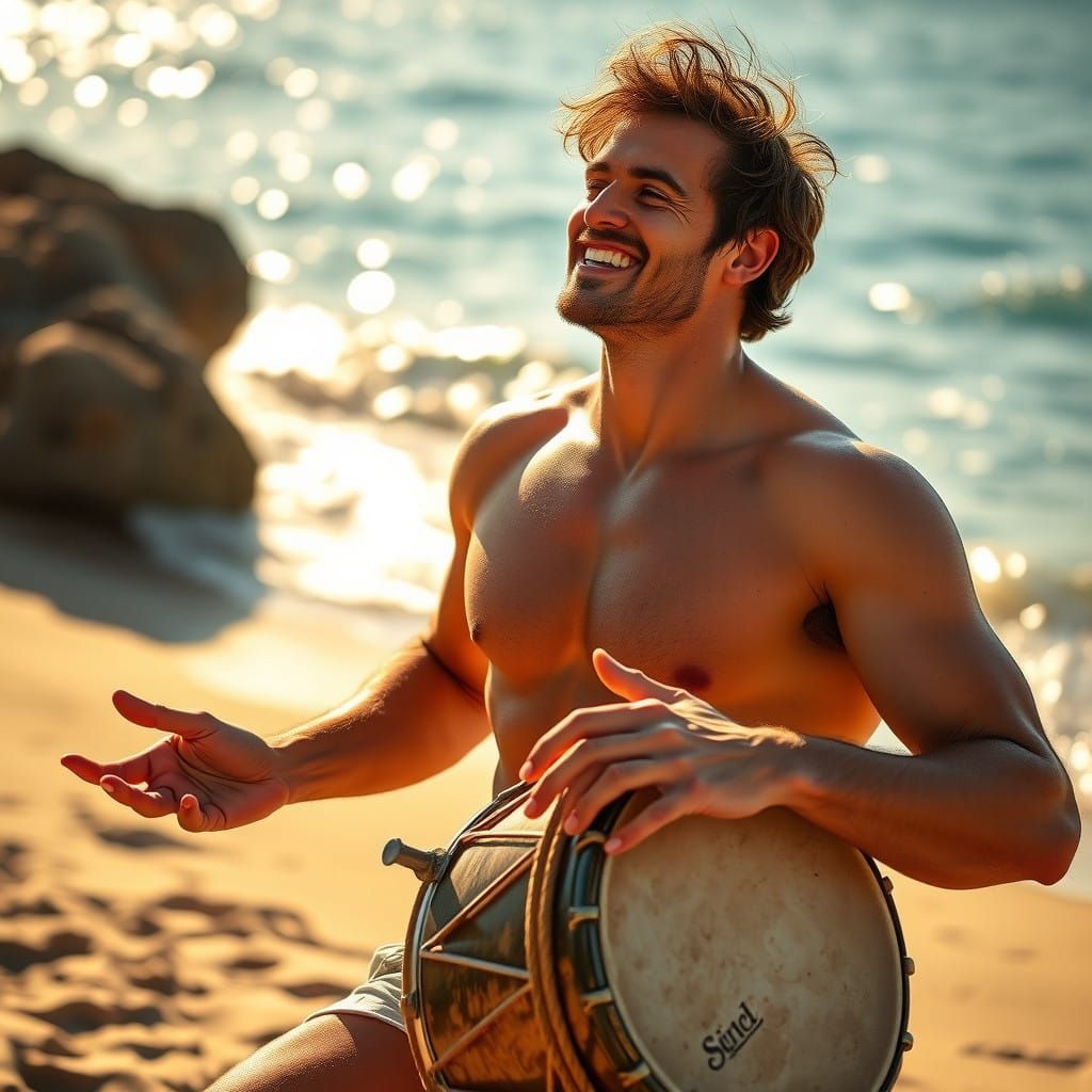 Handsome man playing drum on the beach