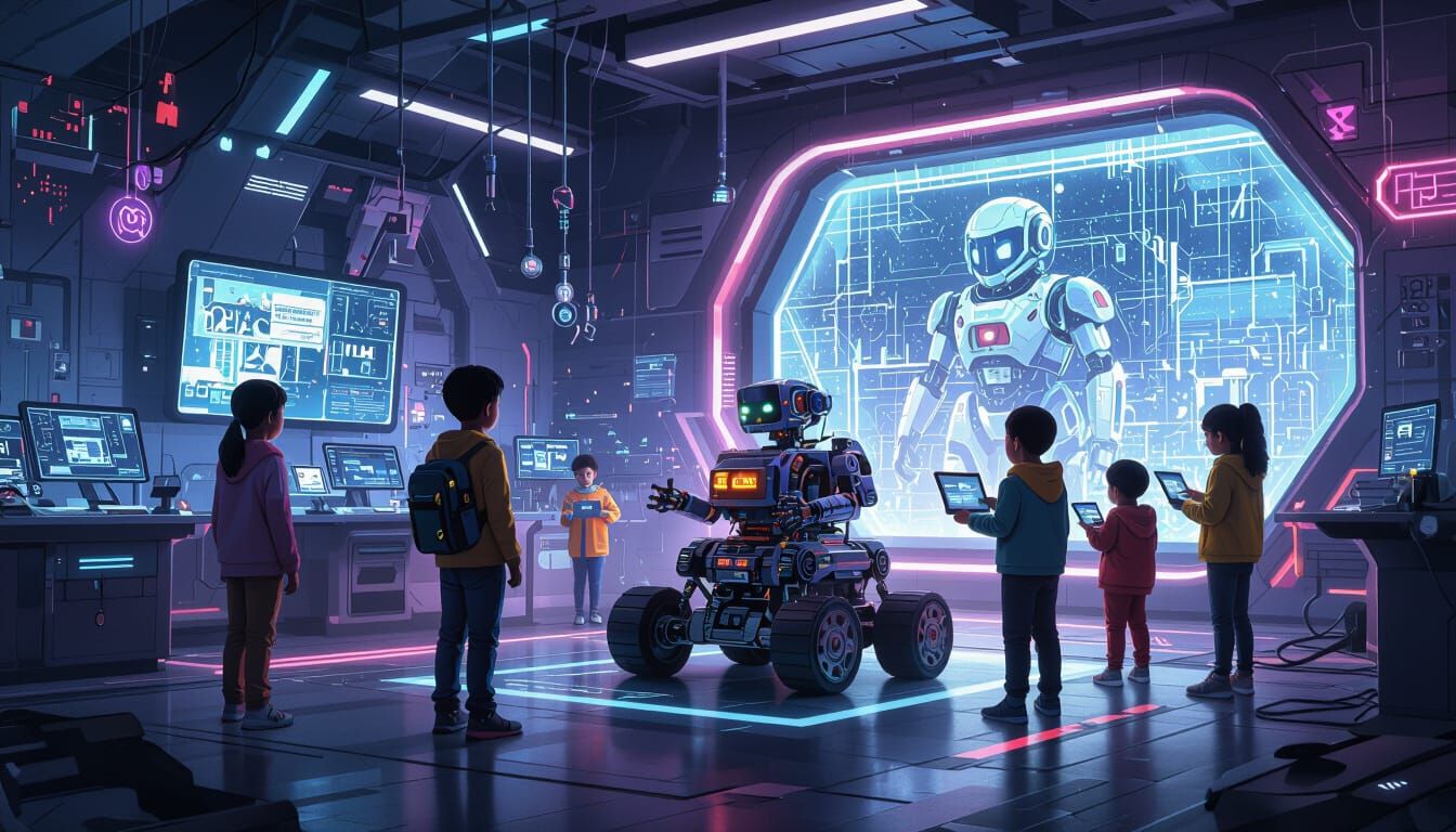 Children Building Robots in Futuristic Space