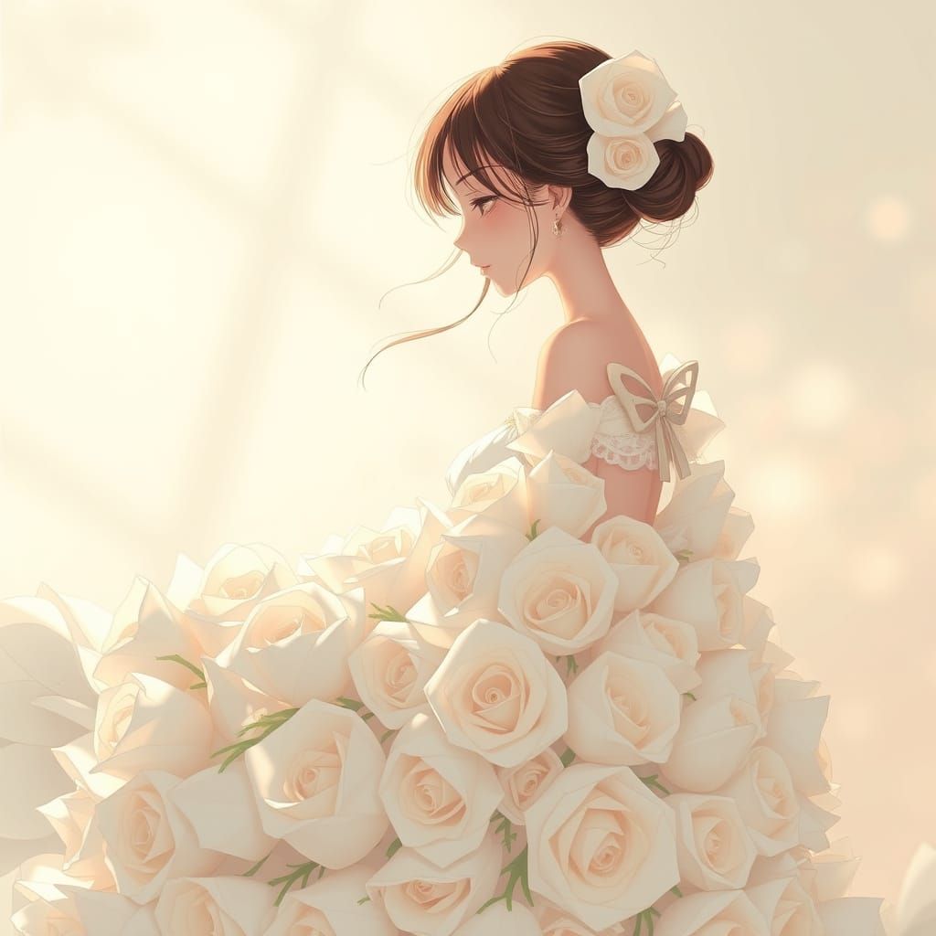 Anime Goddess in White Rose Gown