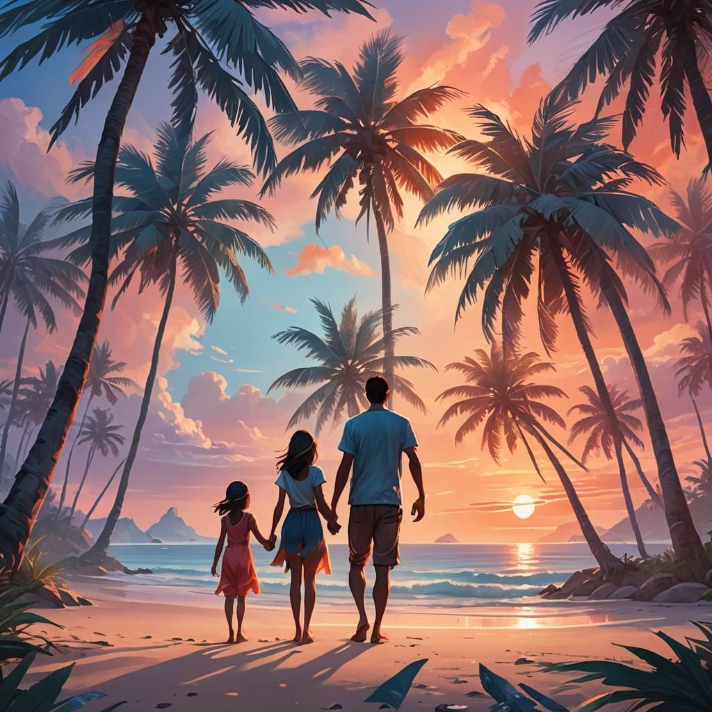 Children at Sunrise Under Palm Tree: Fantasy Art