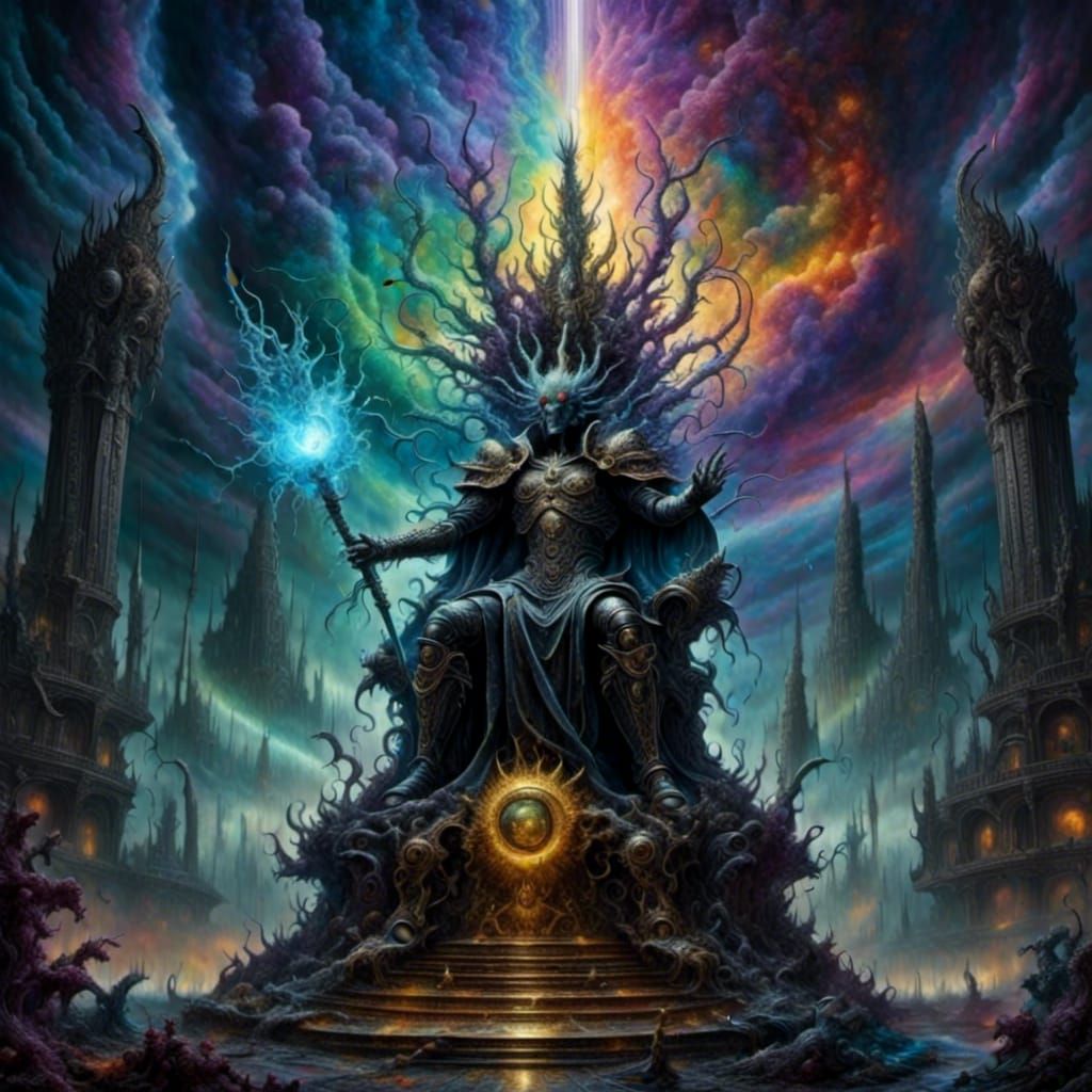 God of Destruction on a Throne in Apocalyptic City