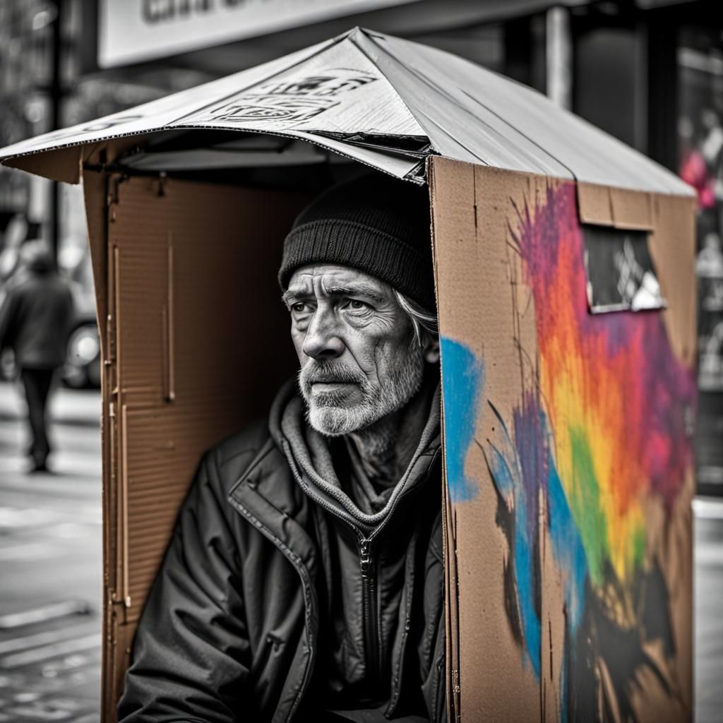 Homelessness Amidst Urban Sprawl: Hyperrealistic Street Scen...