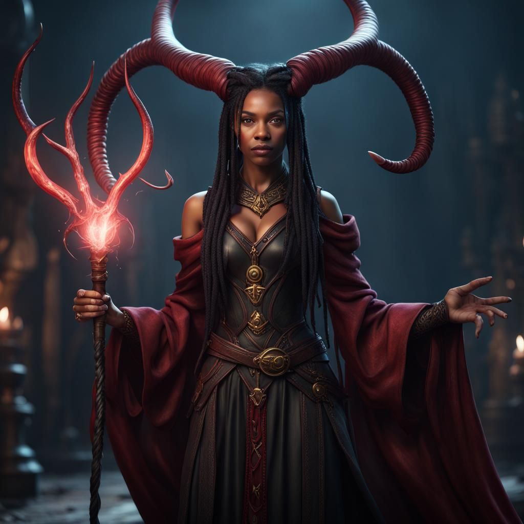 Burgundy-Skinned Wizard with Horns and Tail