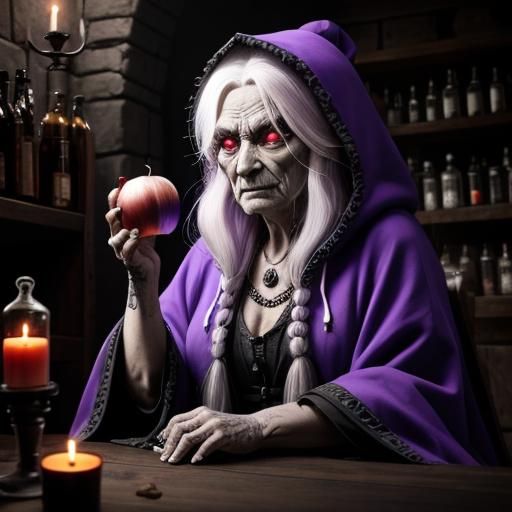 Sinister Hag Offers Apple in Dark Fantasy Scene