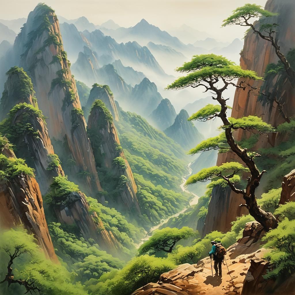 Hiker Climbing Danxia Mountains in Ink Wash Painting