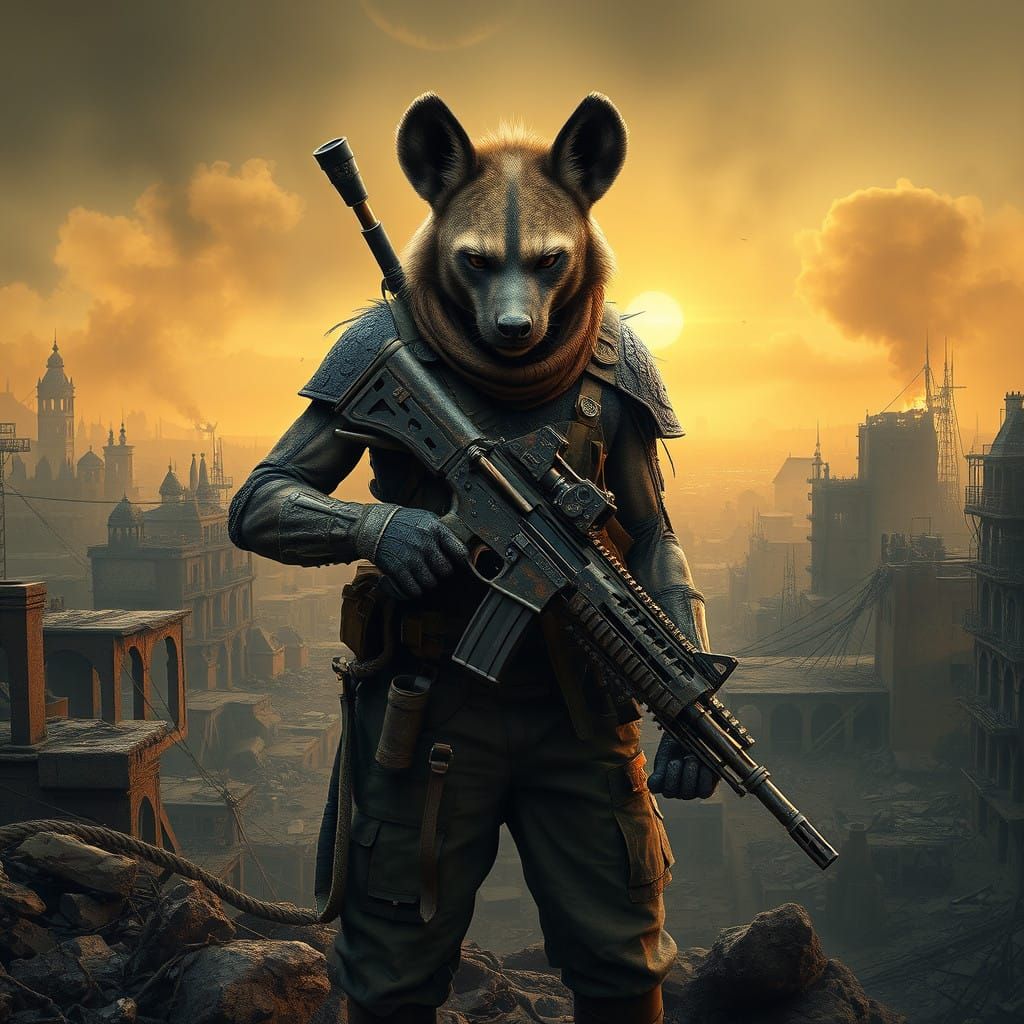 Gritty Mercenary in War-Torn Cityscape