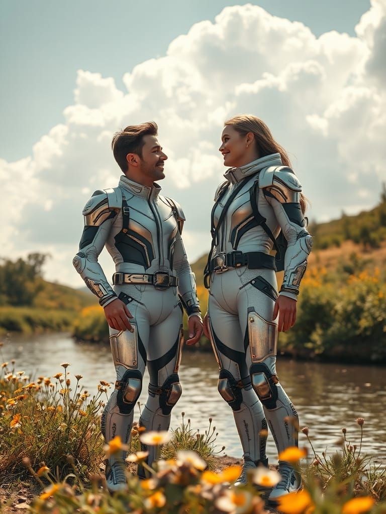 Futuristic Couple Conversing on Riverbank in Photorealistic ...
