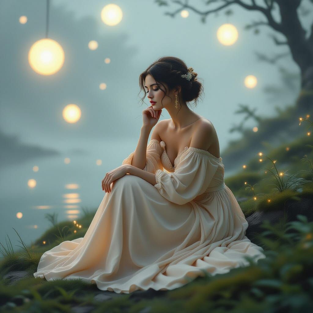Contemplative Woman in Misty Landscape, Dreamy Ethereal Art