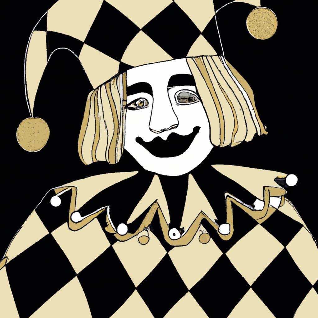 Harlequin Jester, Black, White, and Gold.