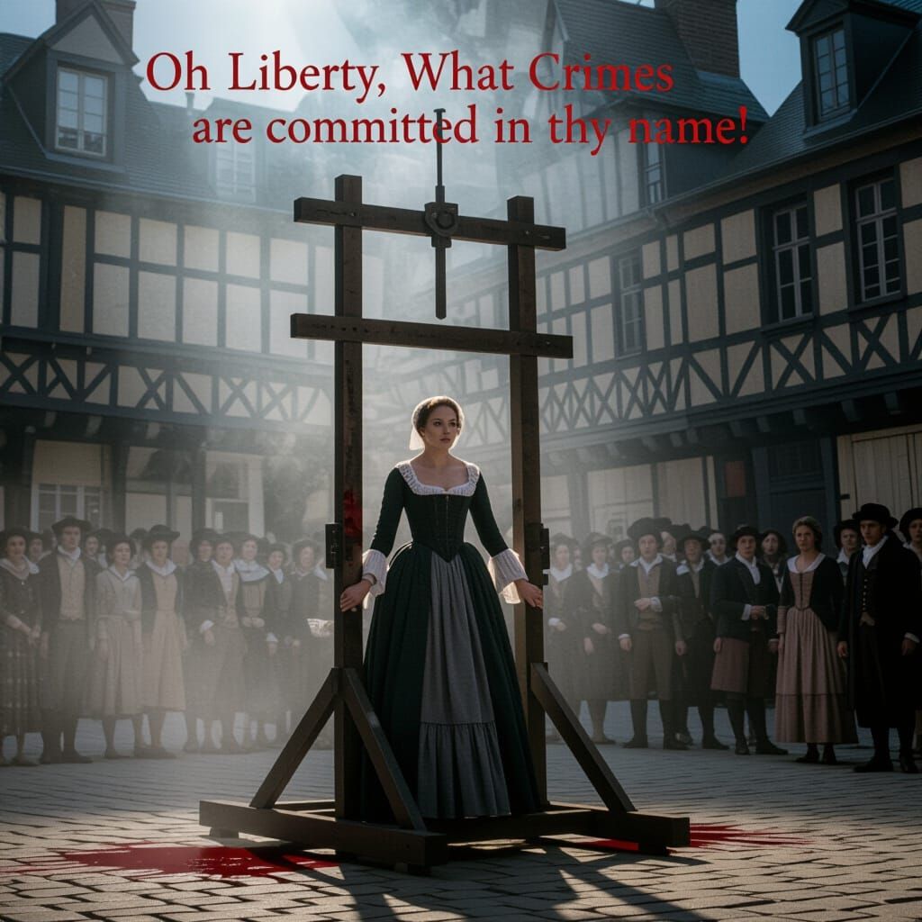 Guillotine Scene: 18th Century Woman in Foggy Square