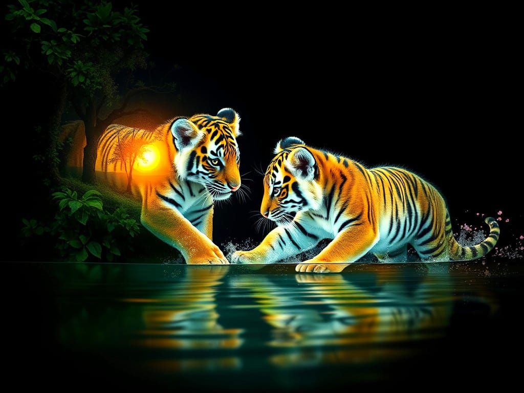 Bioluminescent Tiger Cubs in Surreal Double Exposure