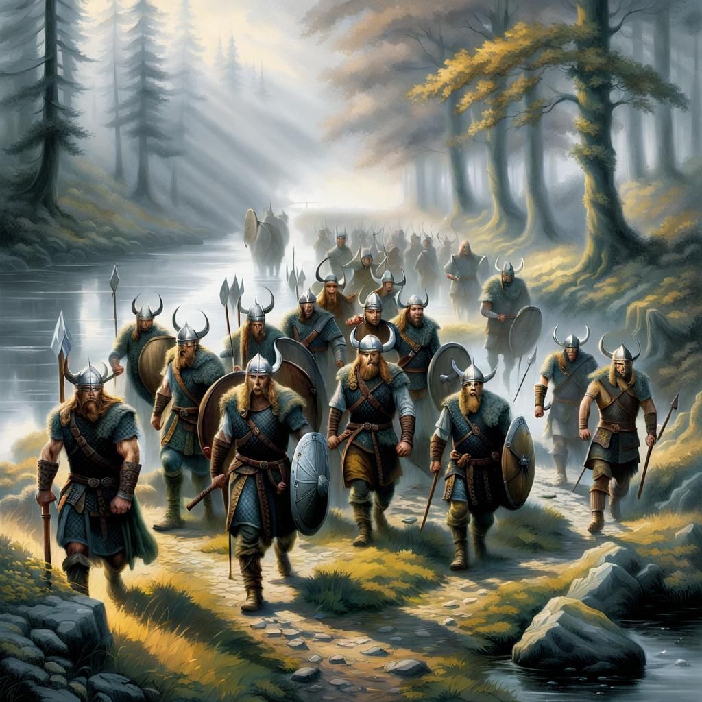 Viking Warriors in Forest: Black and White Fantasy Art