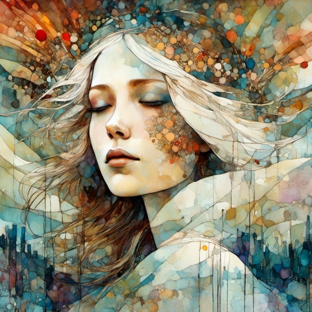 Girl on Hill in Art Brut Style Illustration