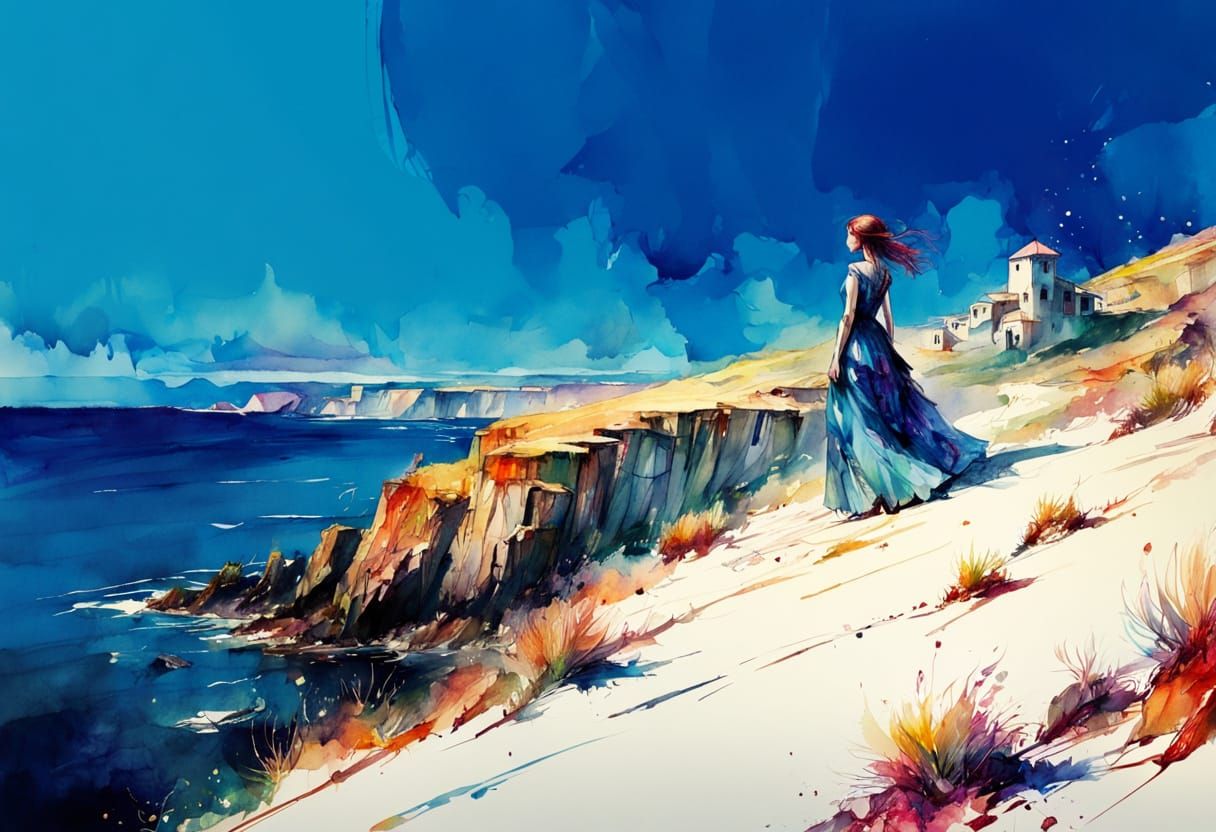 Ethereal Watercolor Figure in Dreamlike Landscape