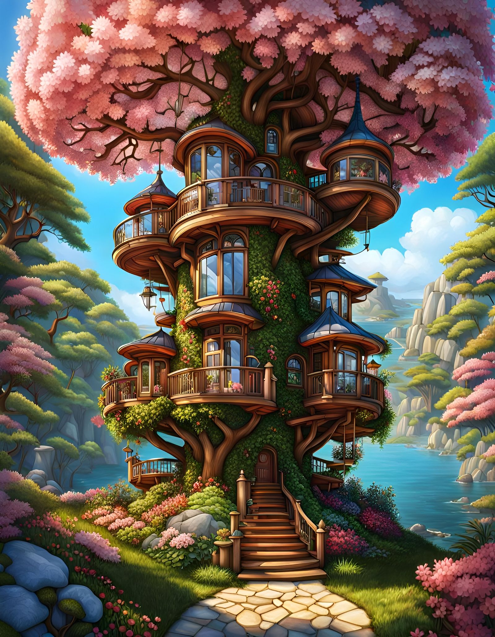 Shroom Treehouse Mansion on Island with Sakura Flowers